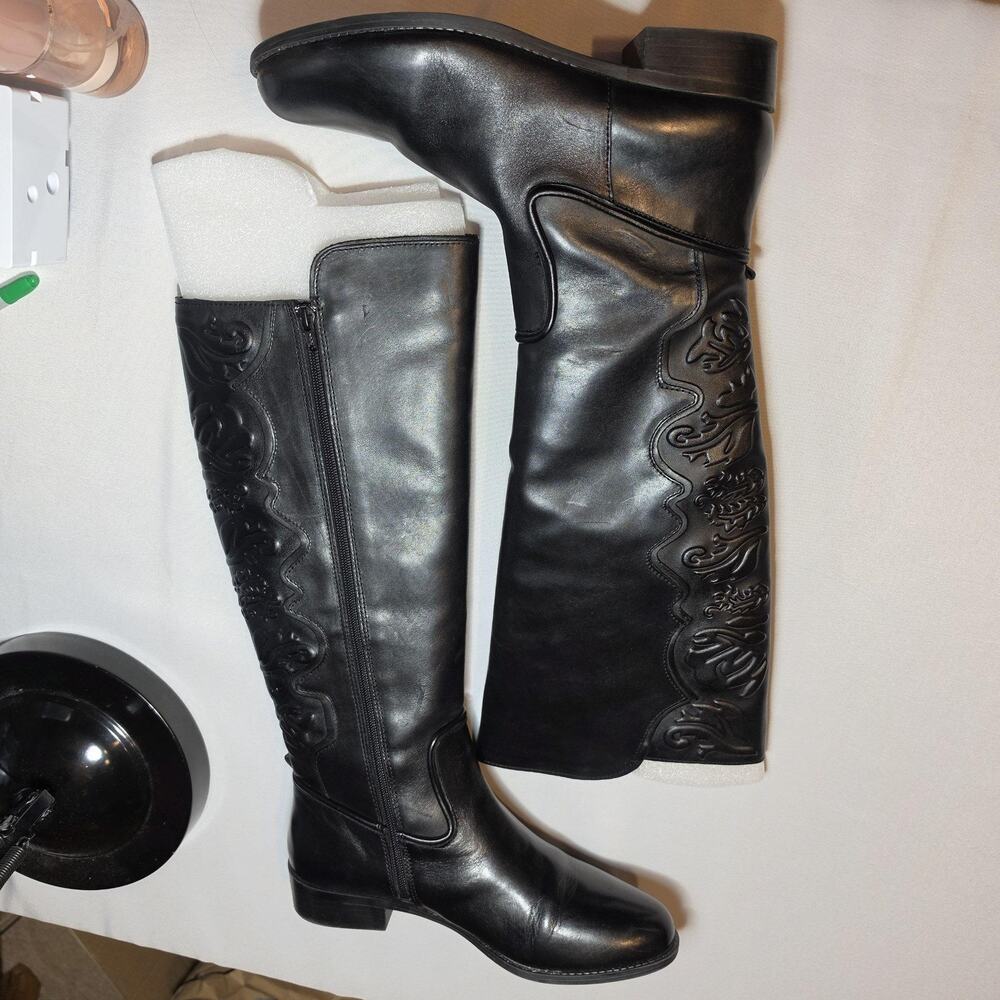 Gianni Bini Boots Womens Size 9 40 Black Leather Knee High Riding Zip Western